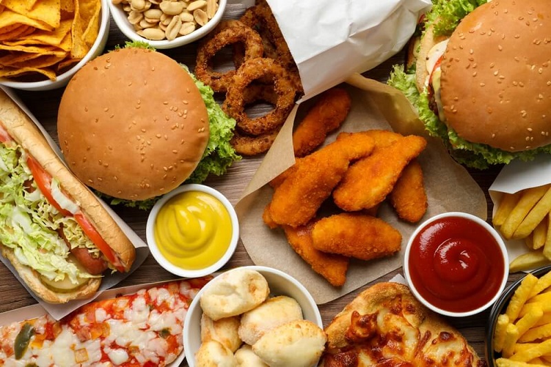 Burgers, fries and fried chicken