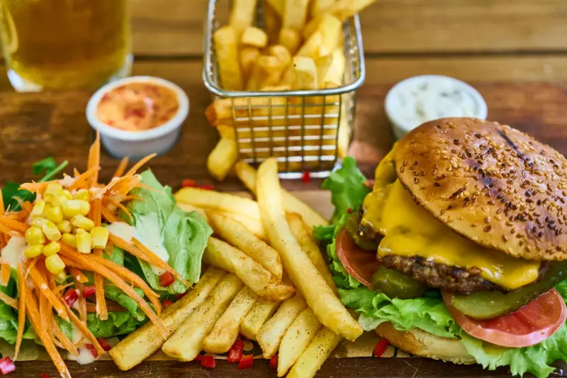 Burger with fries and sides
